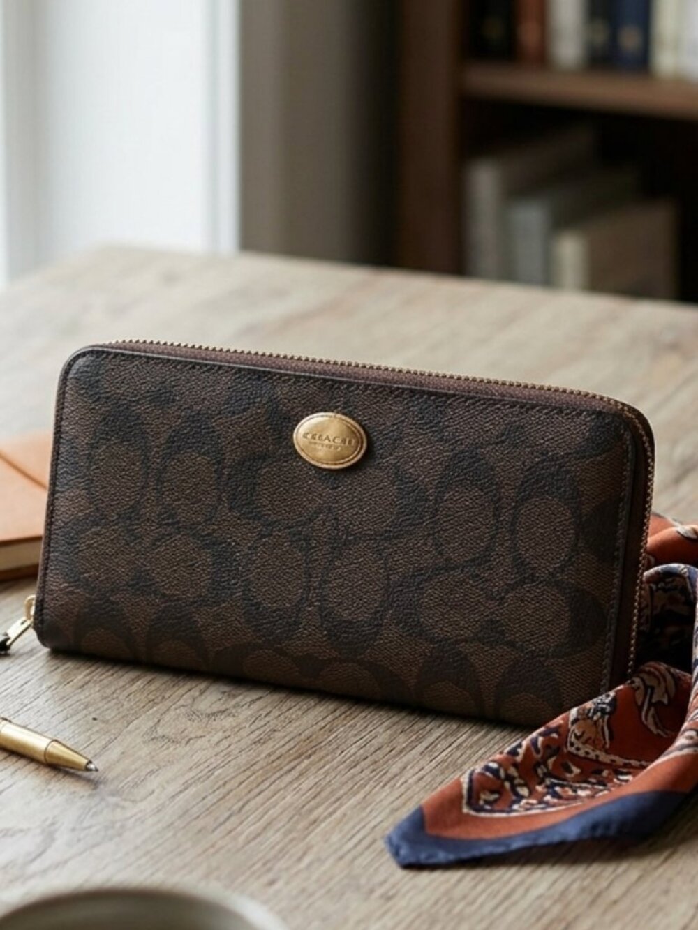 Coach Signature Canvas Zip Around Long Wallet Brown Tan Gold Hardware Oval Logo